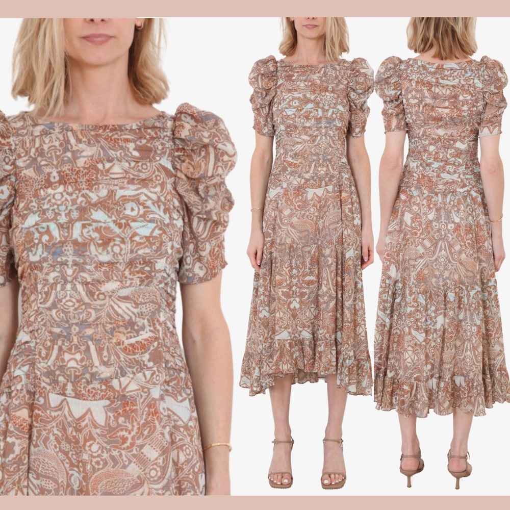 NWT $750 Ulla Johnson [ 10 ] Marte Botanical Puff Sleeve Chiffon‎ Dress #Q1243